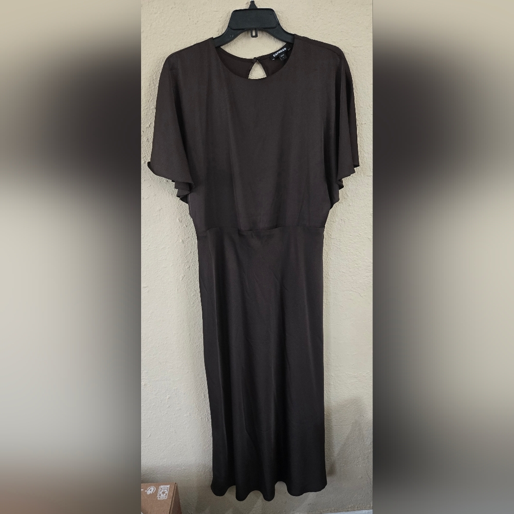 Express Satin Crew Neck, Open Back Midi Dress, Brown, Size Large